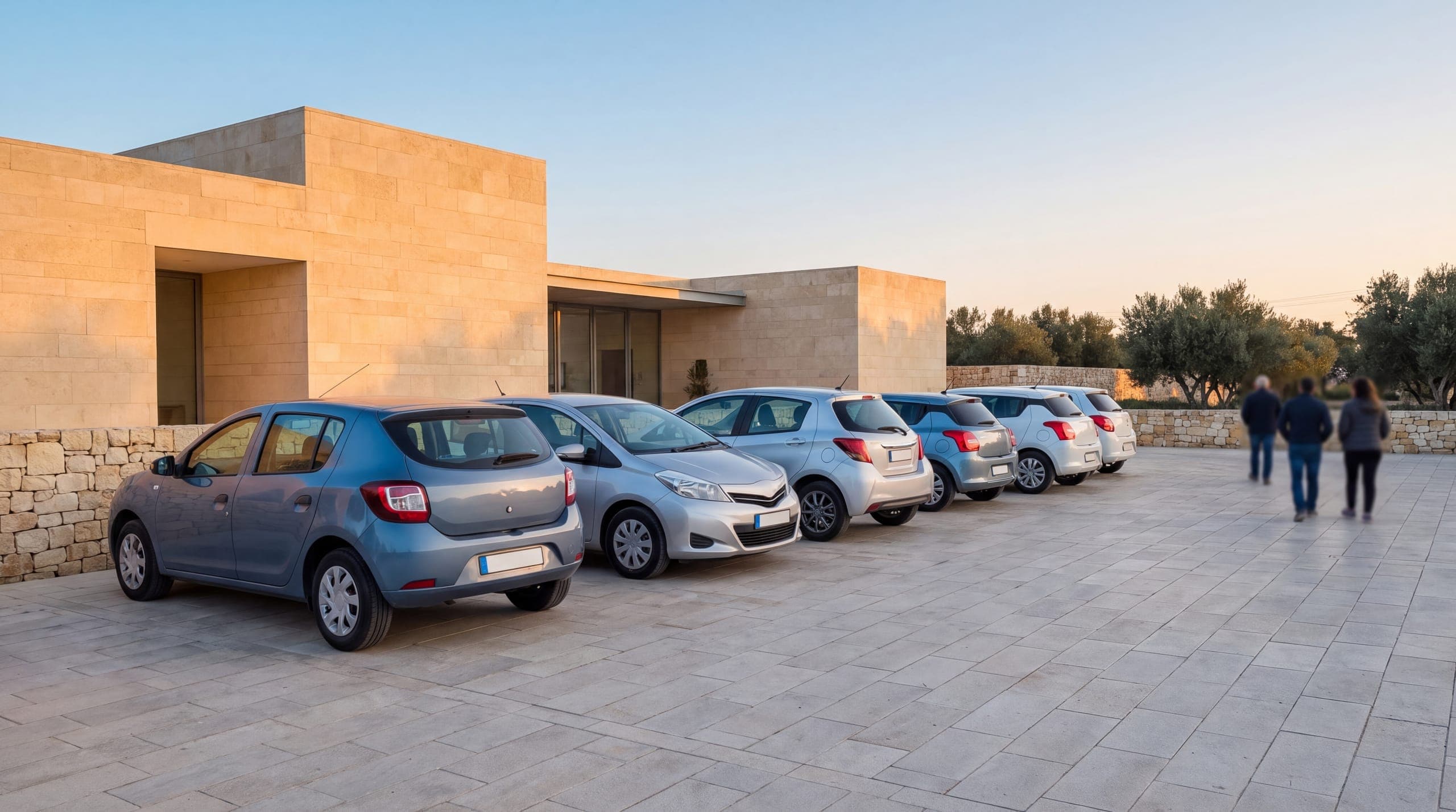 Row of white cars parked outside a low building with palms behind