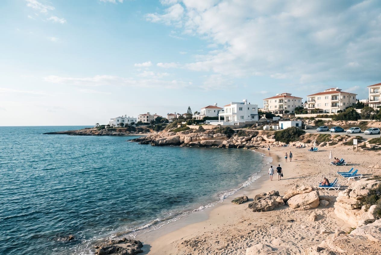 Sandy cove with rows of sunbeds and clear turquoise water