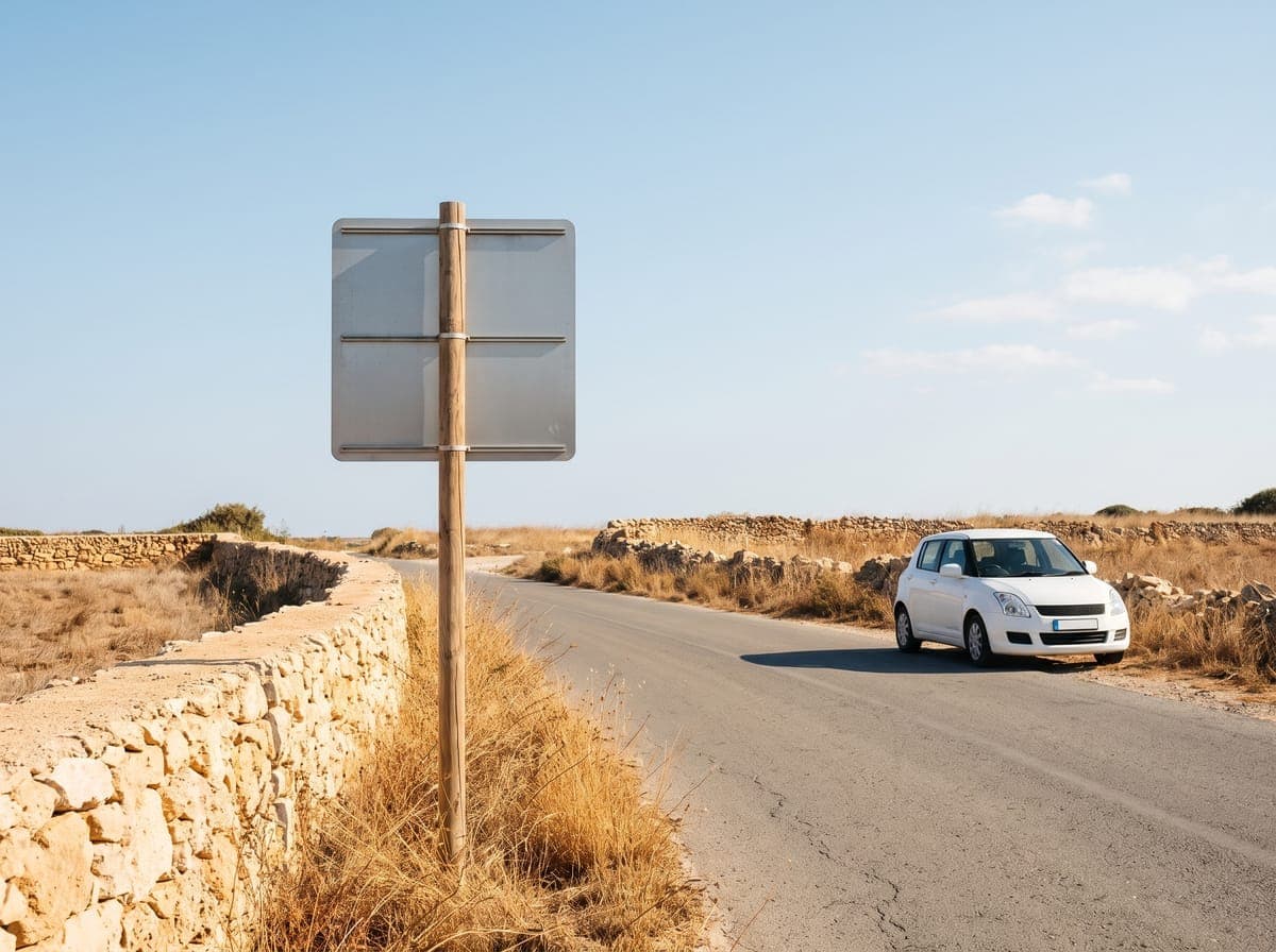 Olive trees and dry hills beside a two-lane road in the Cyprus countryside