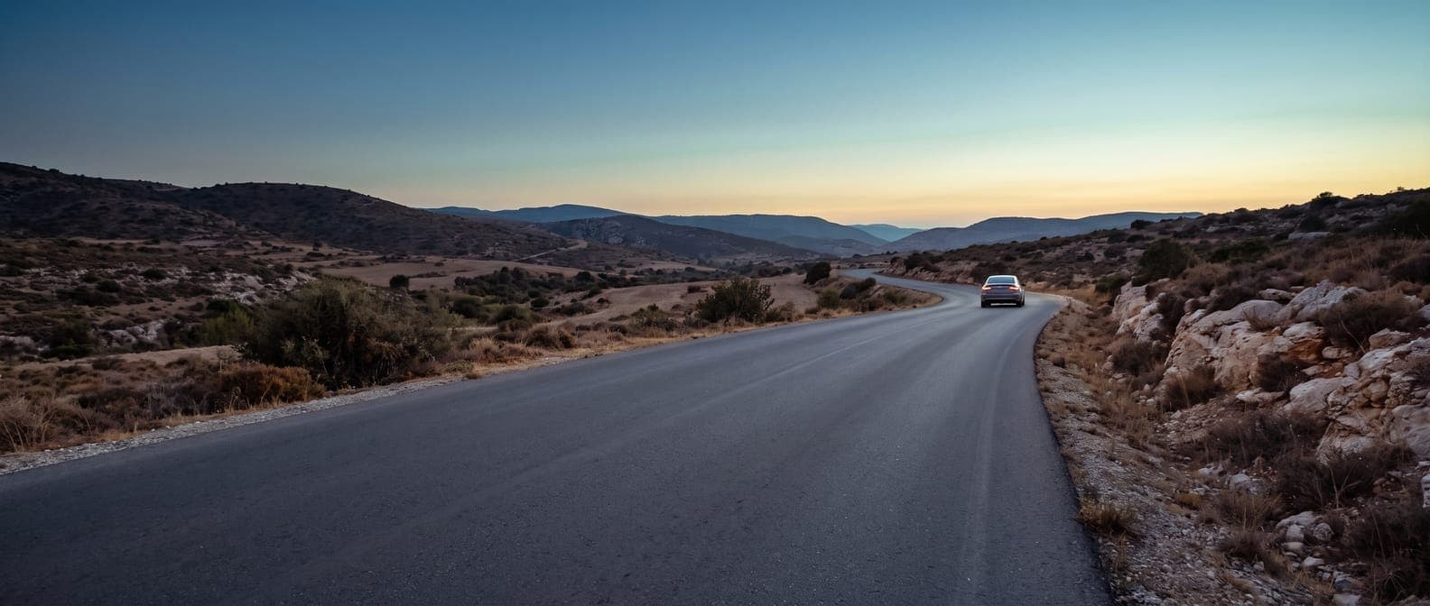 Empty road curving through dry hills under an evening sky