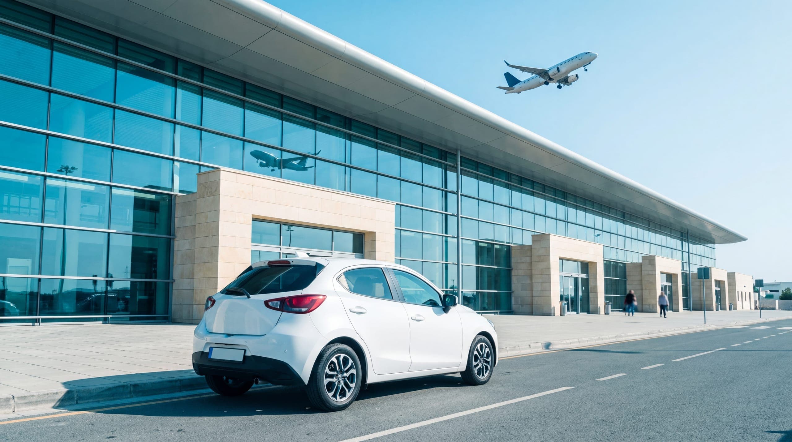 A white hatchback parked at the kerb outside a glass-fronted airport terminal, with a plane climbing overhead