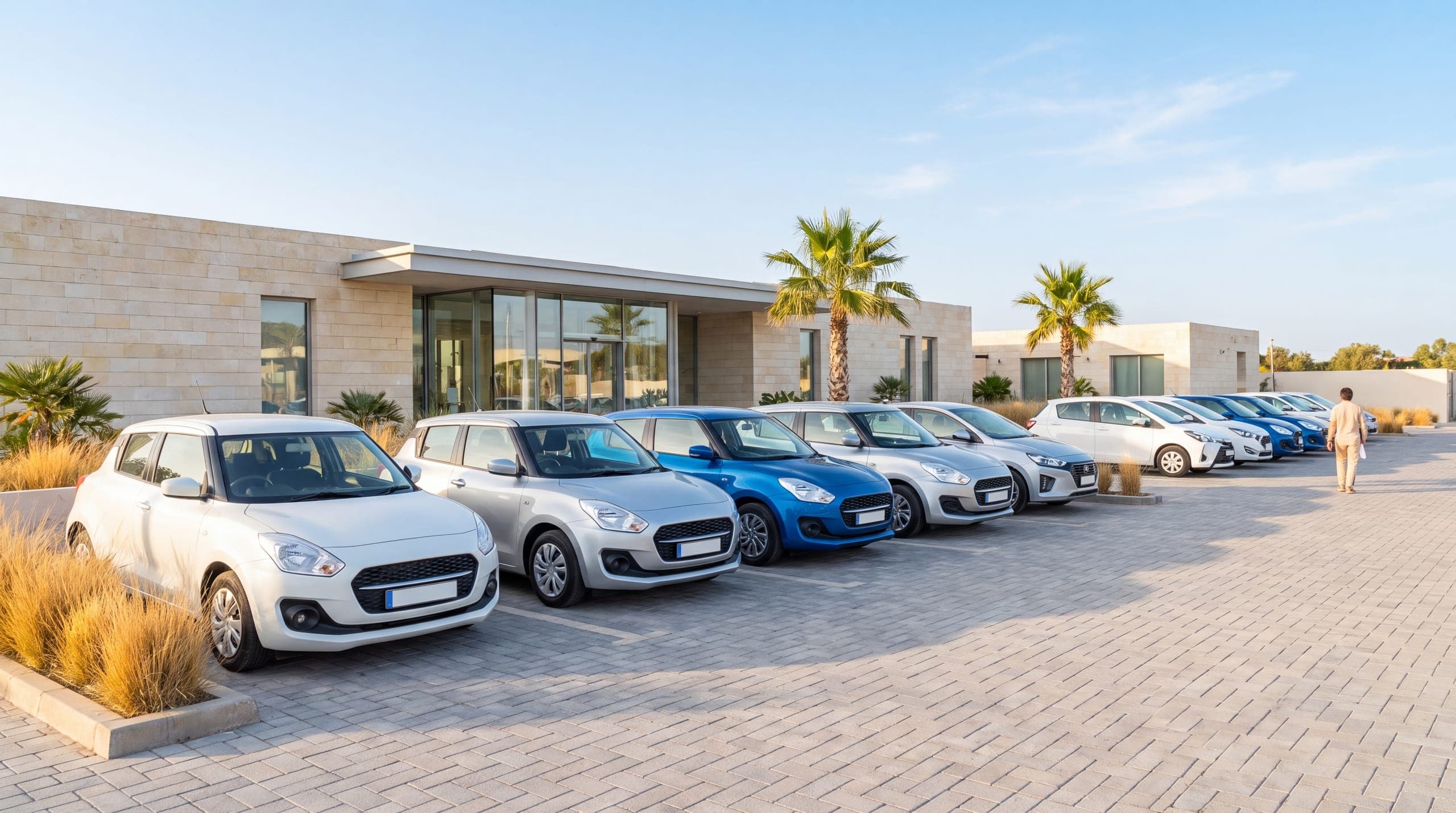 Hire cars lined up on a sunny forecourt