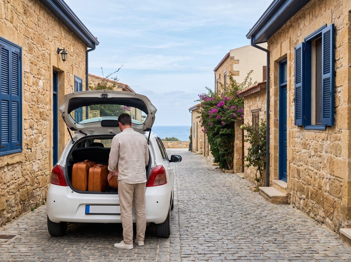 Couple loading suitcases into a white hatchback on a cobbled village lane