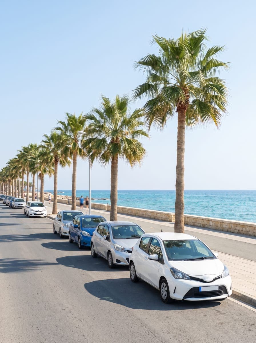 Seafront street lined with palms and parked cars on a bright morning