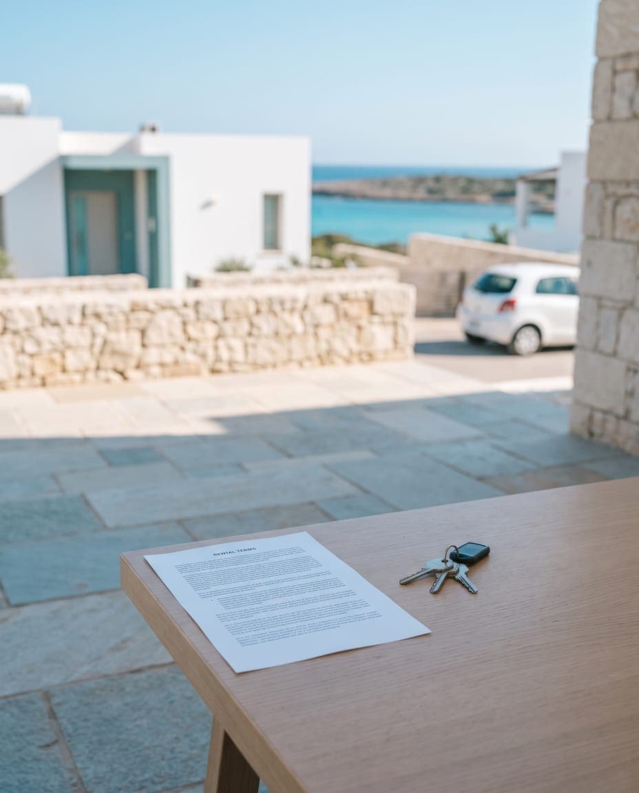 Woman at an outdoor café table reading a printed document, a cold drink beside her