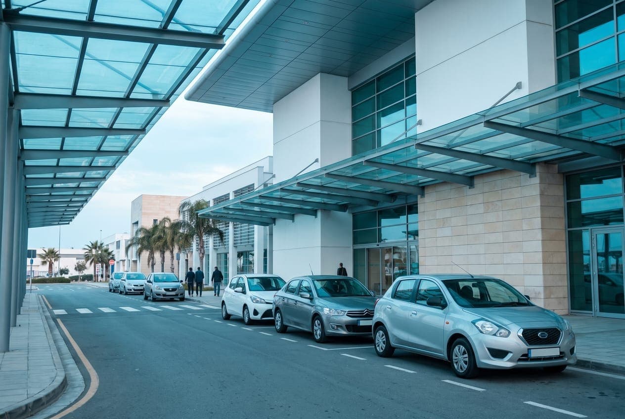 An airport terminal forecourt with cars at the kerb