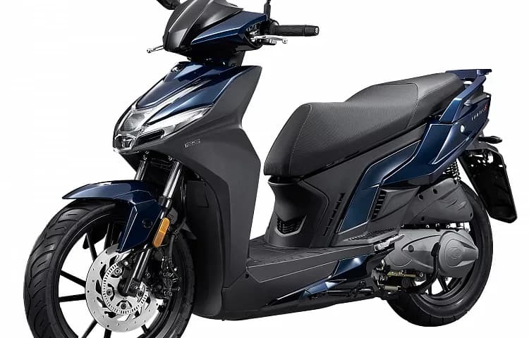 Blue Kymco Agility 125 scooter, side view