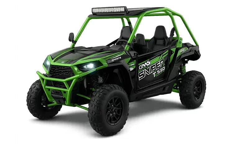 Green and black two-seat buggy with an open cage