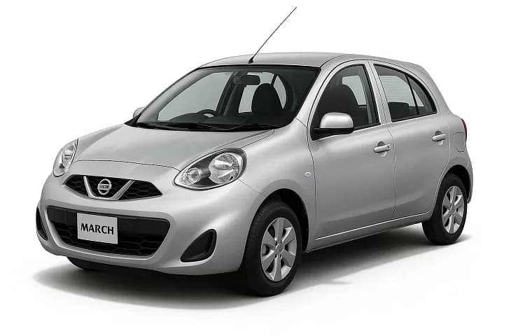 Silver Nissan March city car on a plain white ground