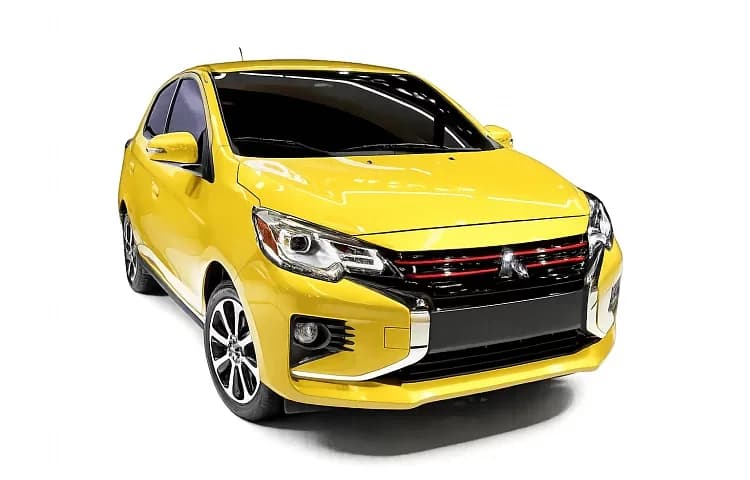 Yellow Mitsubishi Mirage seen from the side on a white ground
